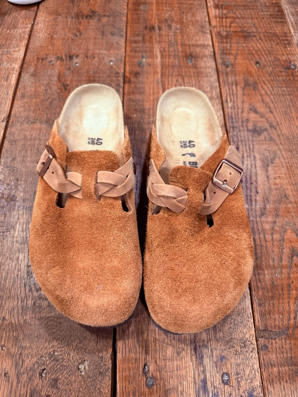 Birkenstock Suede Slip-On Clogs with Buckle Detail - Rust Tan (size 40 or US 10)